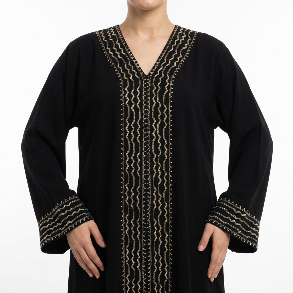 Black Gold Multi Zigzag Wave Stripe Front Panel Abaya