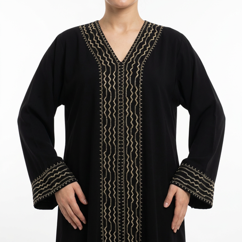 Black Gold Multi Zigzag Wave Stripe Front Panel Abaya