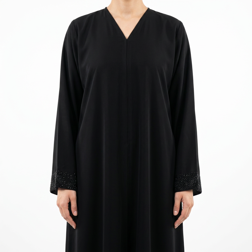 Black Tonal Crystal Cuff Plain Classic Abaya