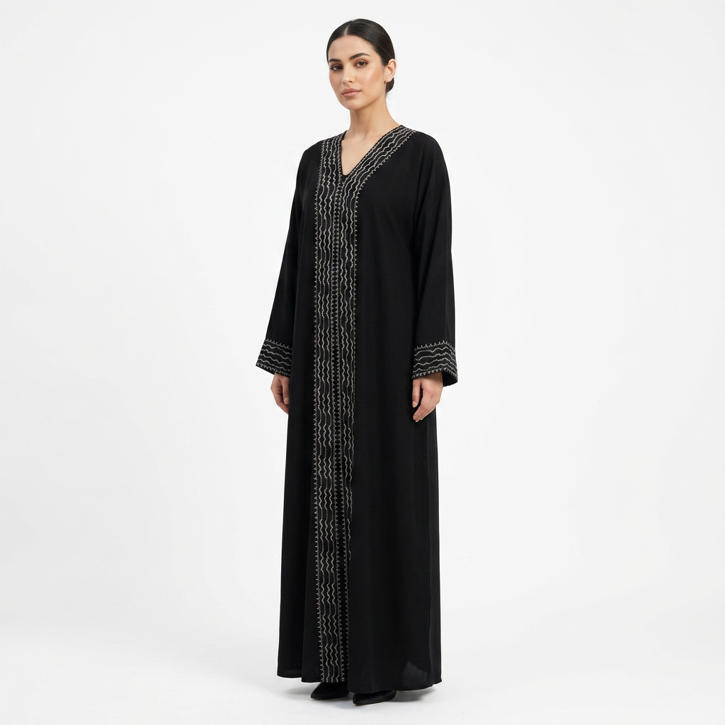 Black Gold Multi Zigzag Wave Stripe Front Panel Abaya