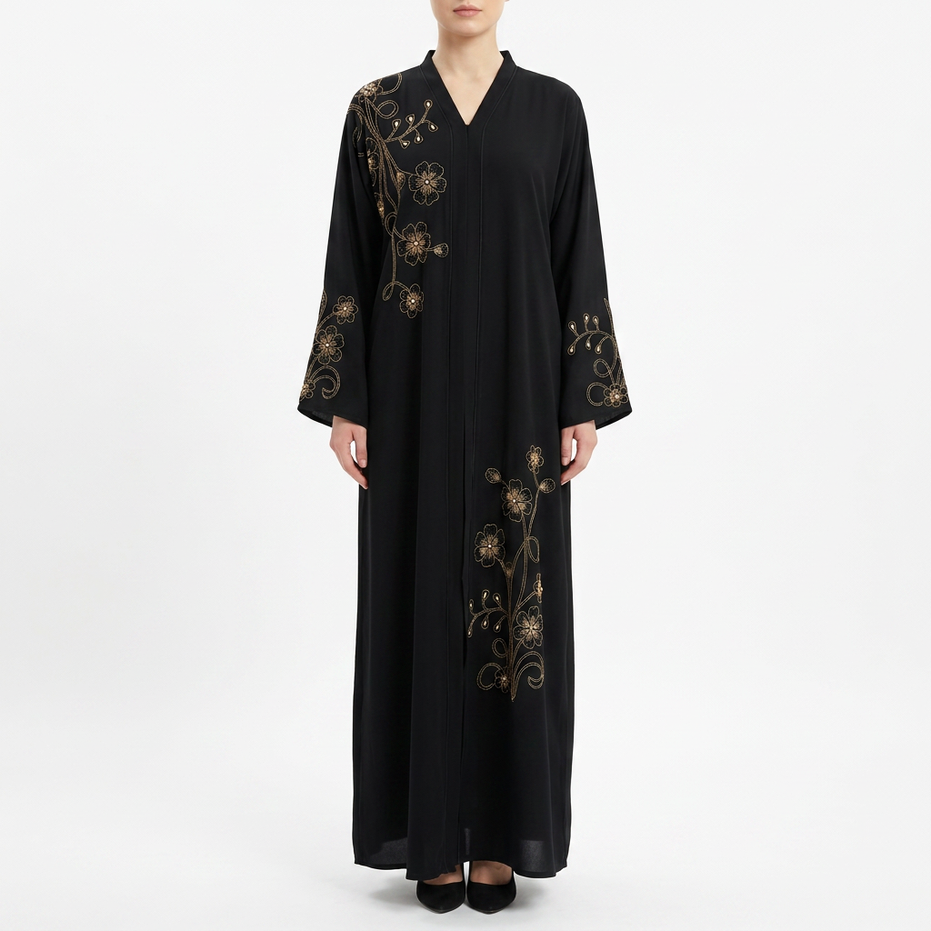 Black Gold Floral Swirl Shoulder Blossom Abaya