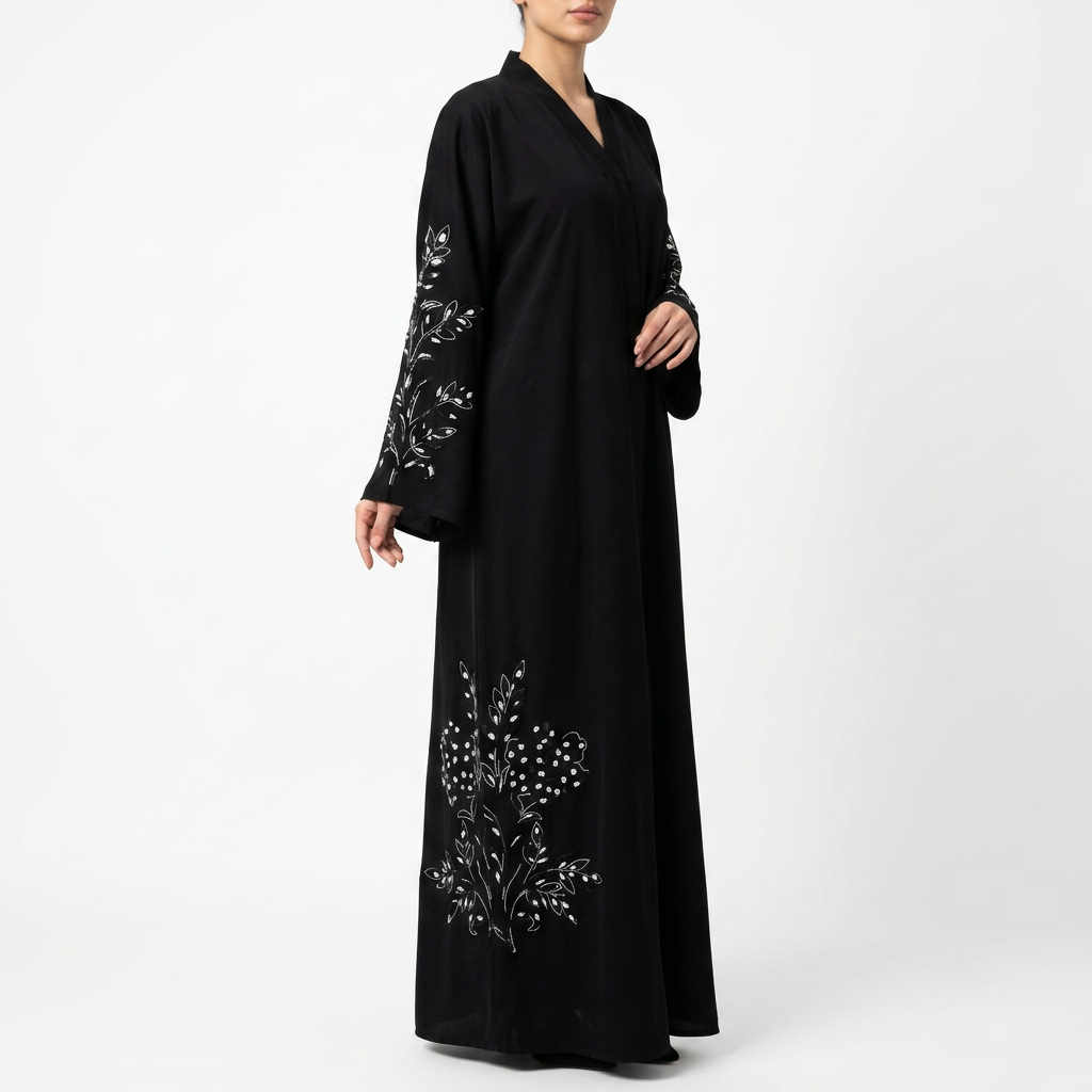 Black White Silver Crystal Botanical Sleeve Abaya