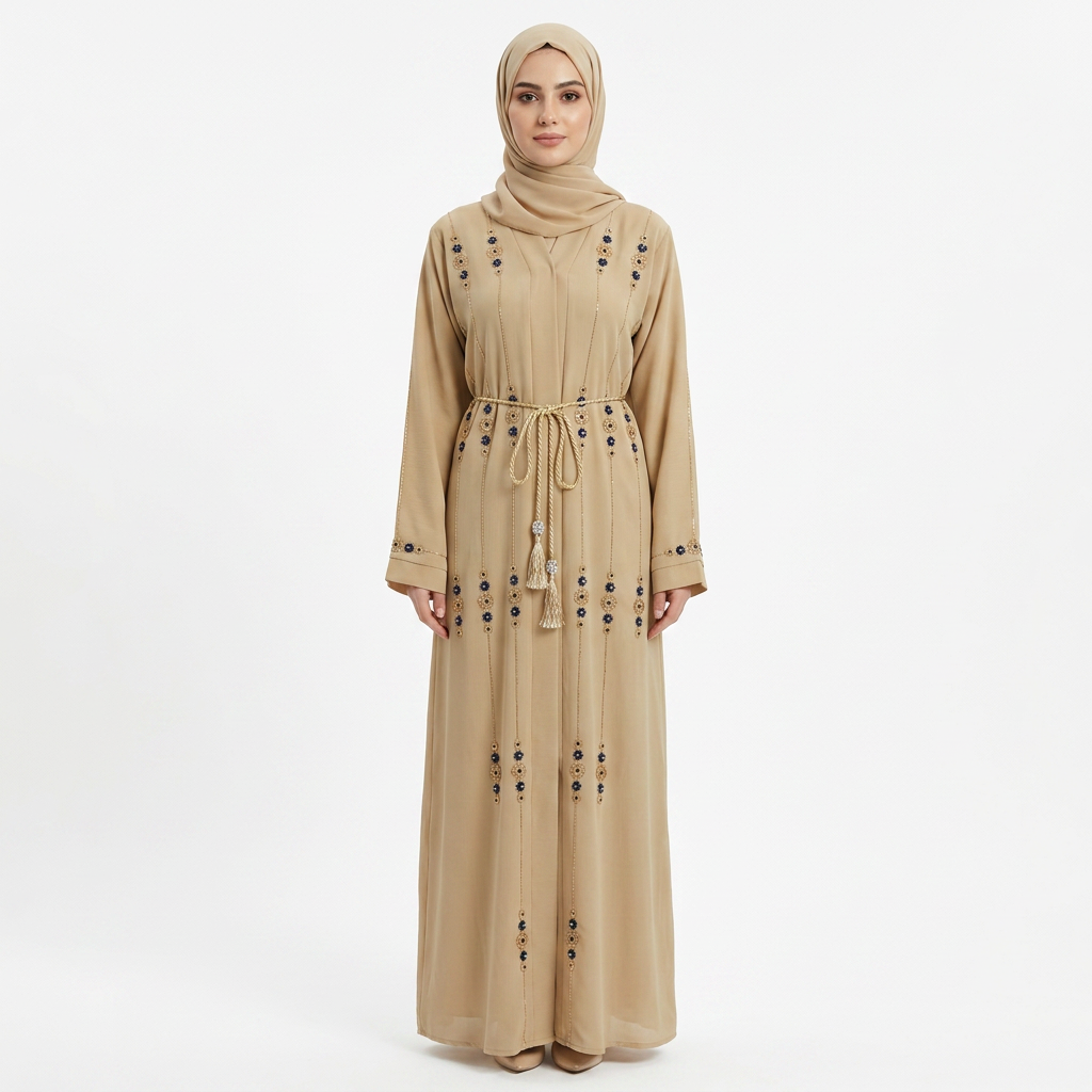 Beige Floral Embroidered Open Abaya with Tassel Belt
