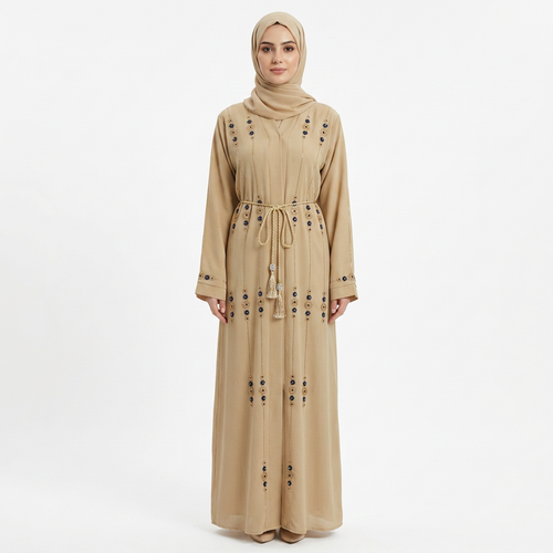 Beige Floral Embroidered Open Abaya with Tassel Belt