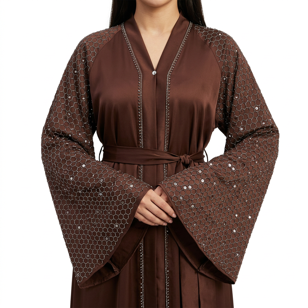 Chocolate Brown Honeycomb Rhinestone Sleeve Open Abaya with Belt