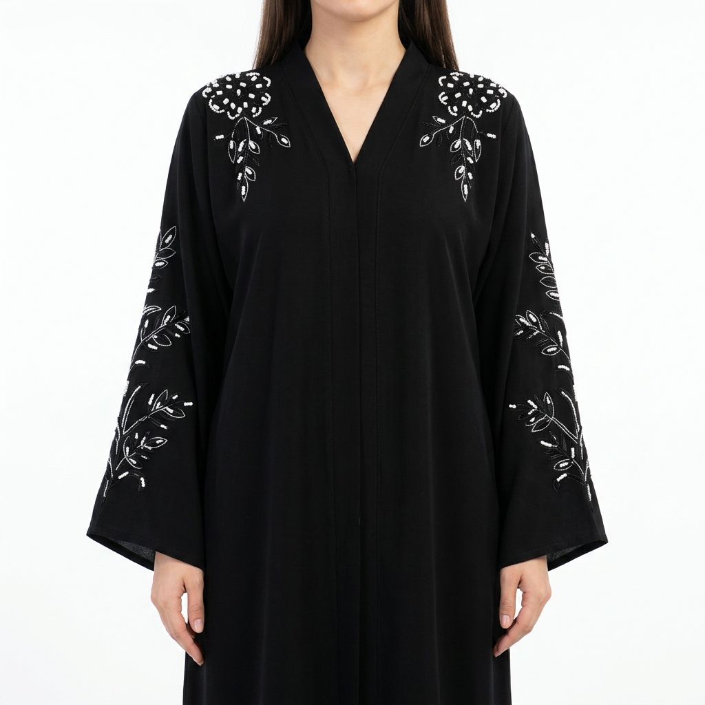 Black White Silver Crystal Botanical Sleeve Abaya