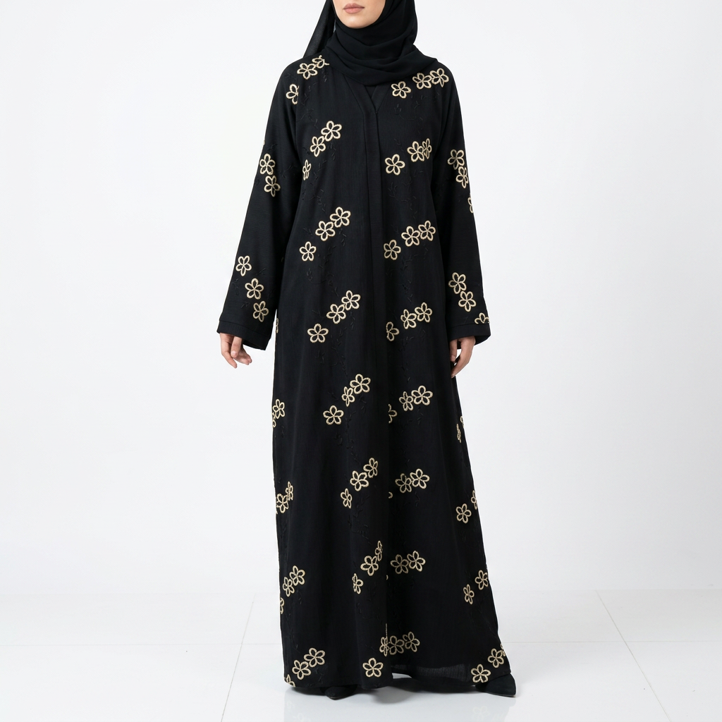 Black Gold Open Daisy Chain Allover Scattered Abaya