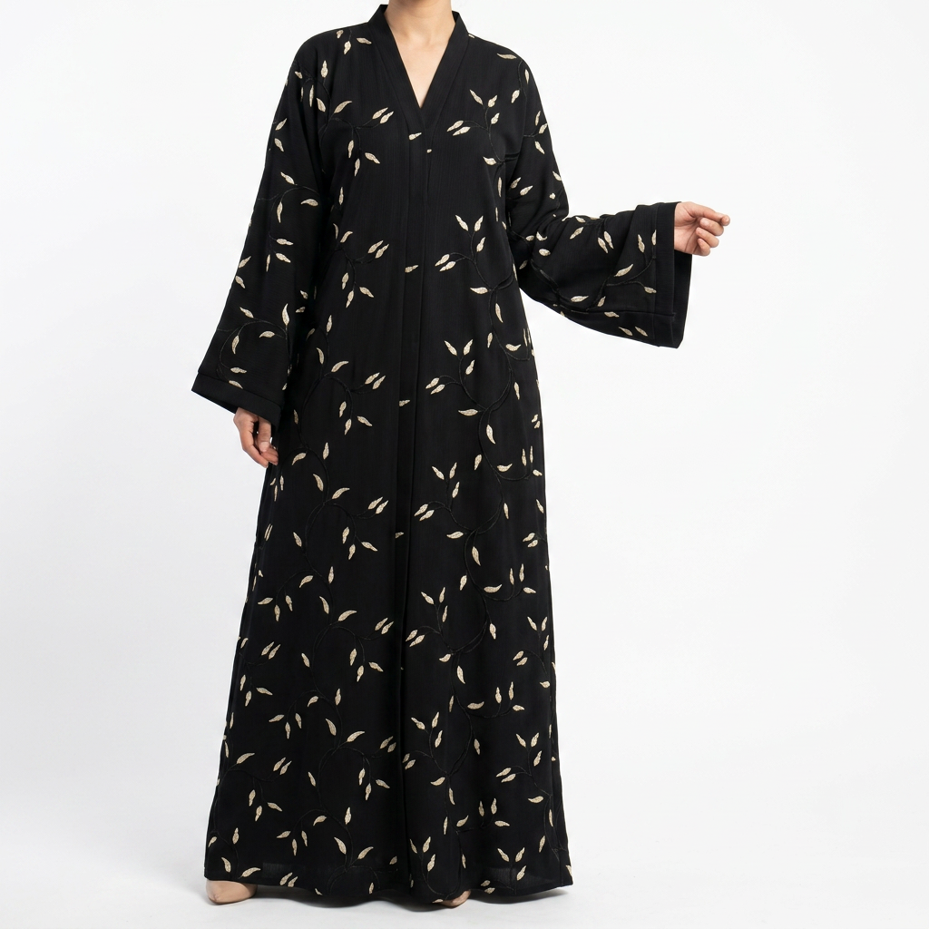 Black Gold Scattered Tiny Leaf Blossom Allover Abaya