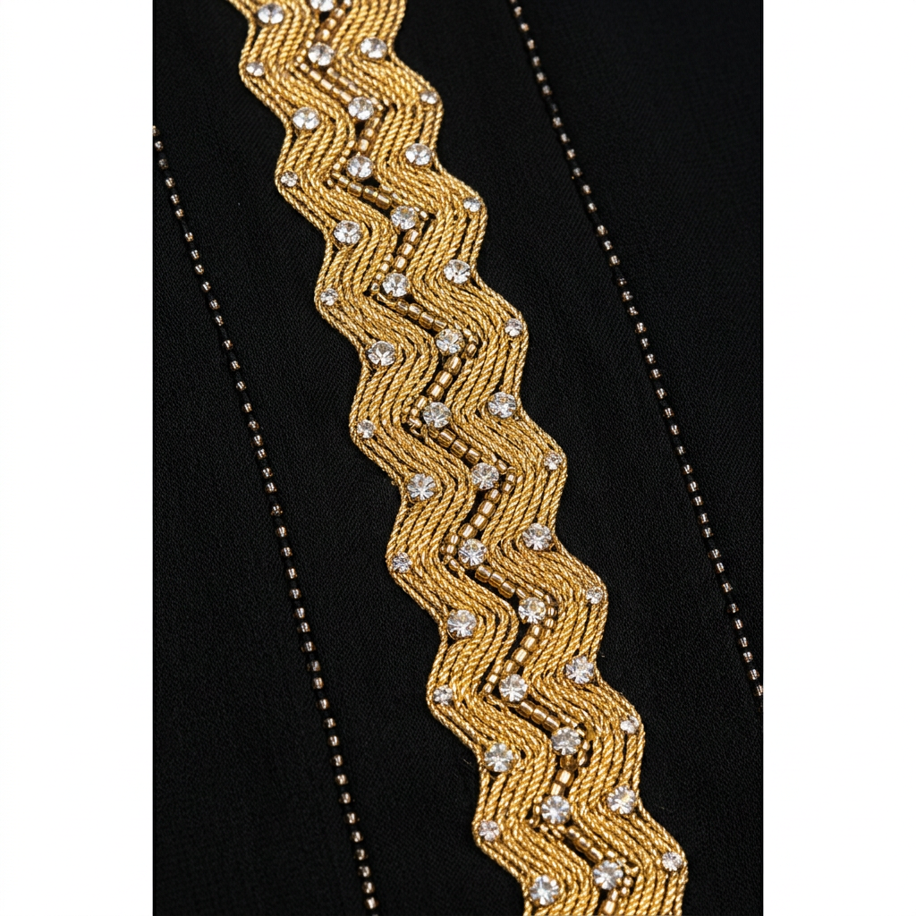 Black Gold Zigzag Satin Belted Front Panel Abaya