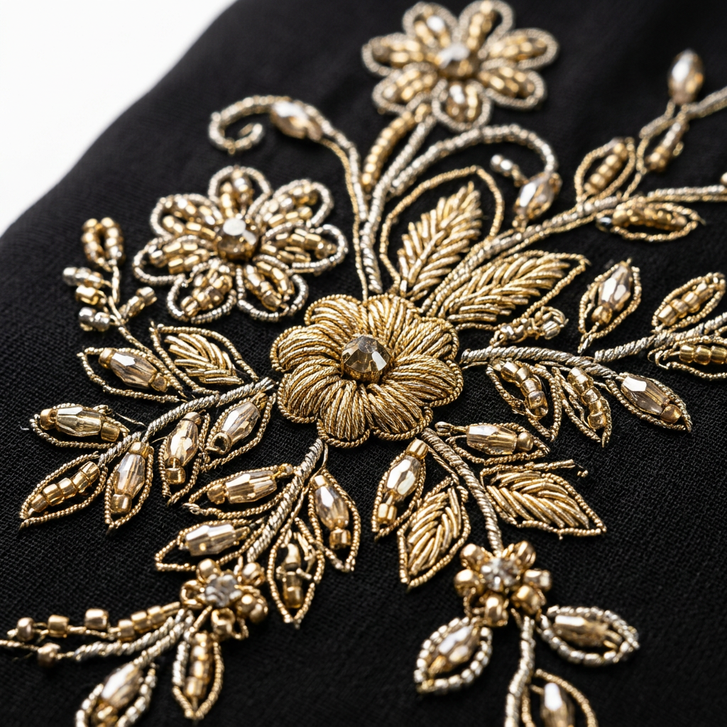Black Gold Floral Swirl Shoulder Blossom Abaya