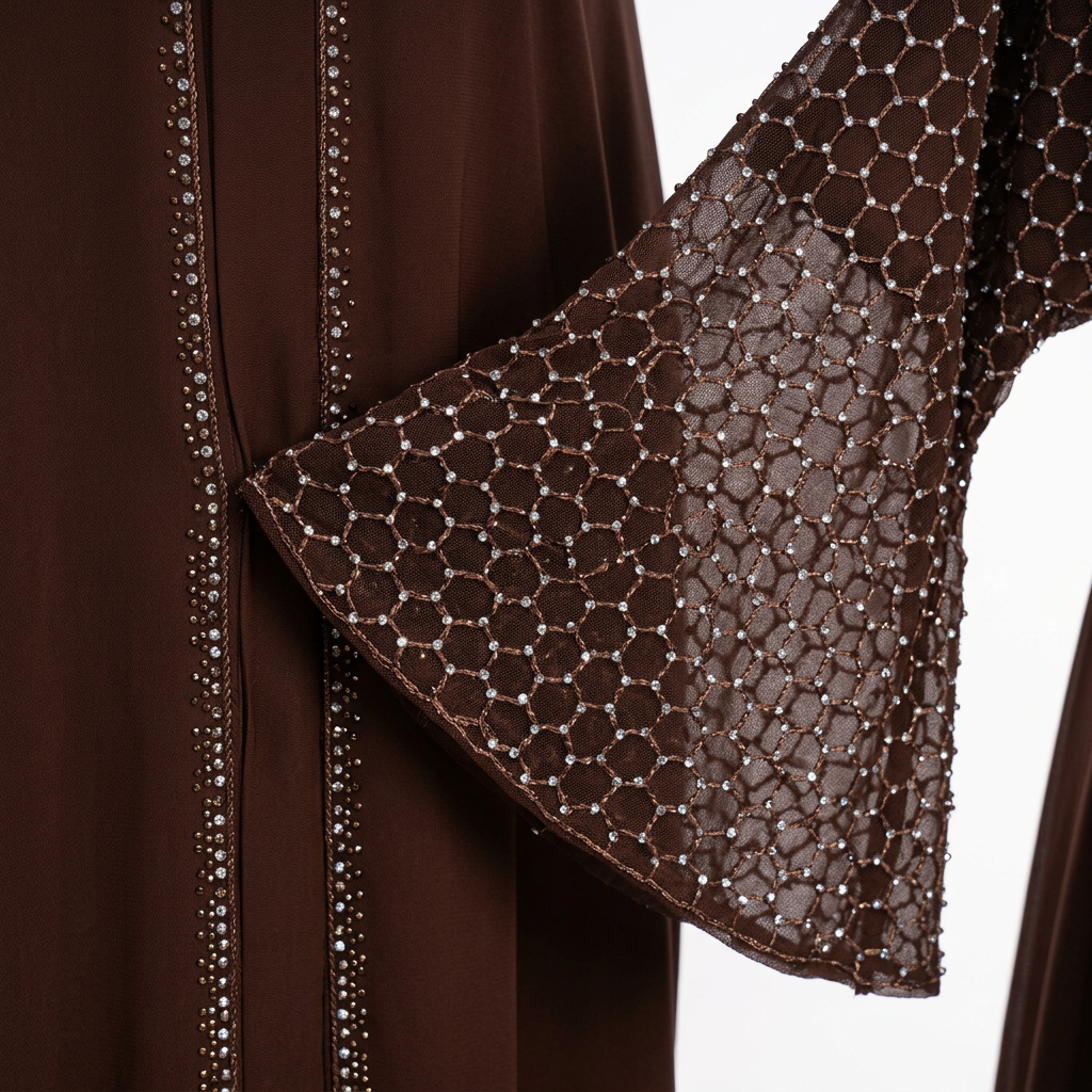 Chocolate Brown Honeycomb Rhinestone Sleeve Open Abaya with Belt