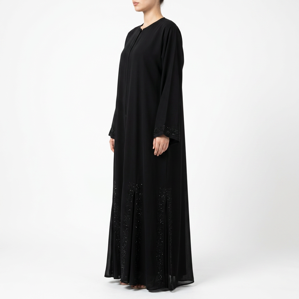 Black Tonal Crystal Cuff Plain Classic Abaya