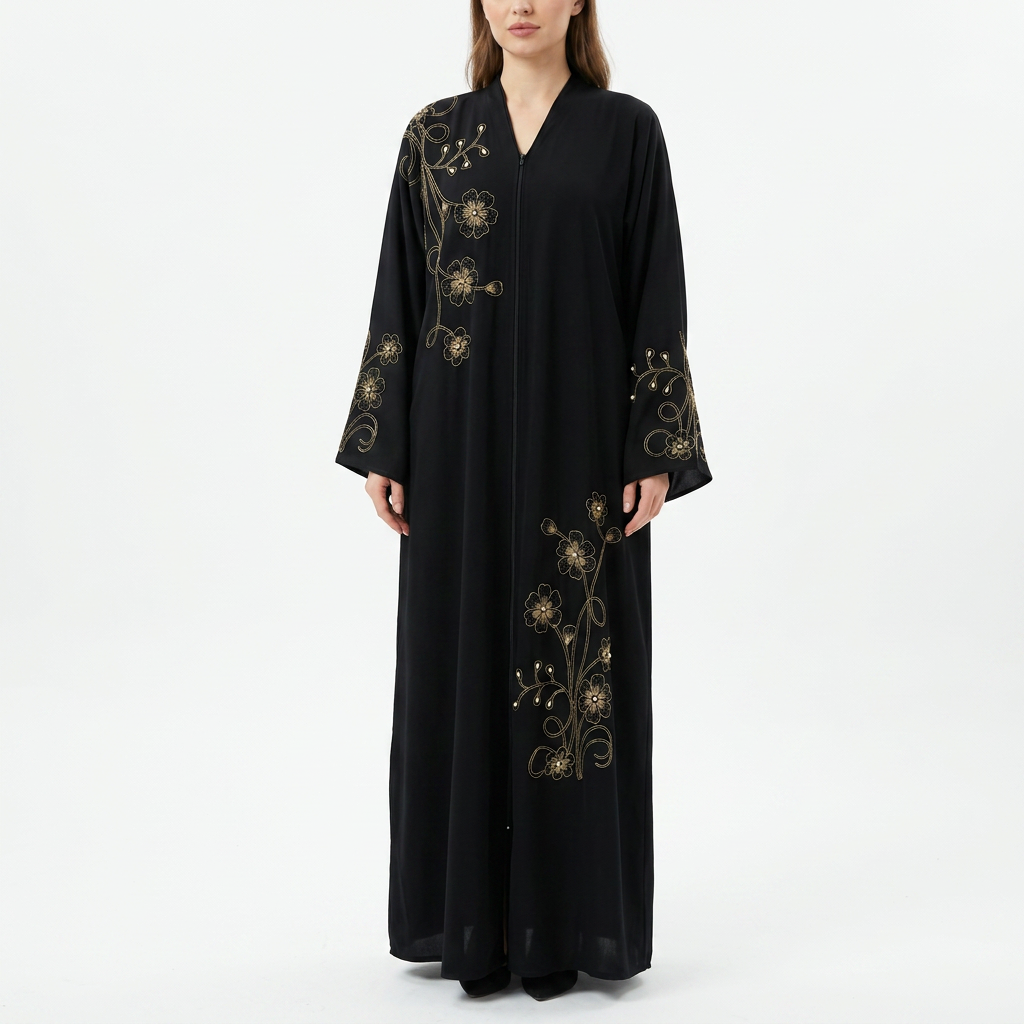 Black Gold Floral Swirl Shoulder Blossom Abaya