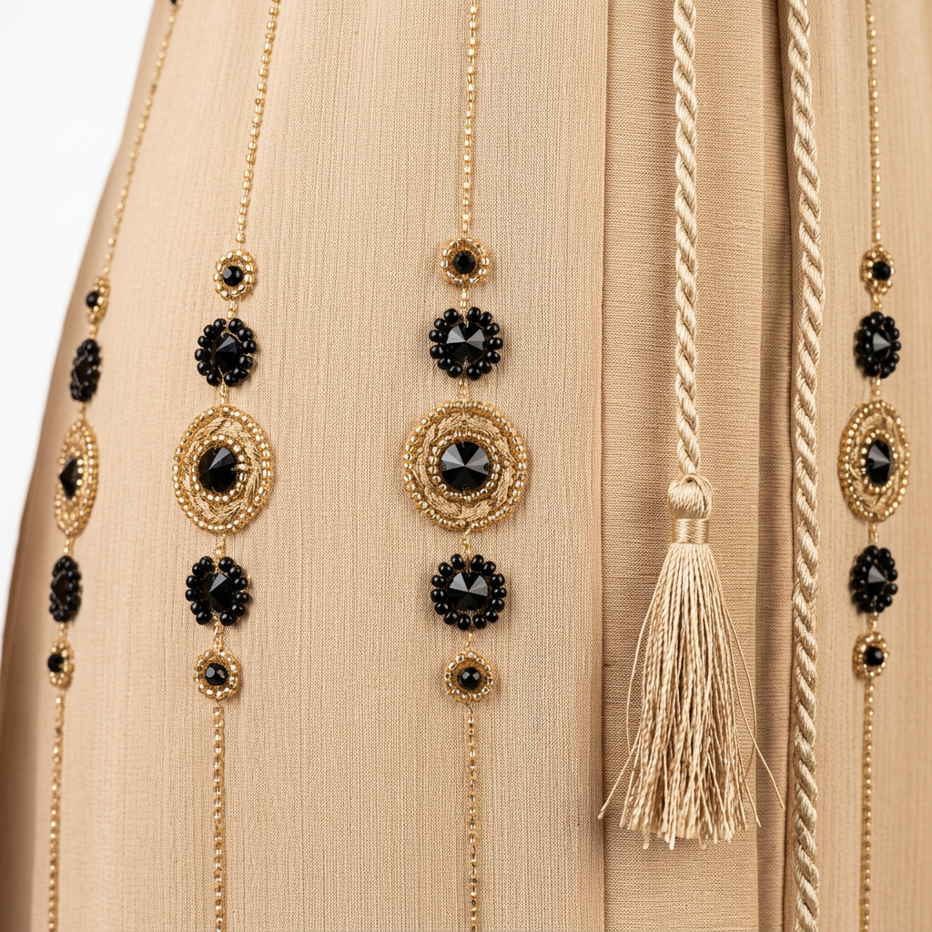 Beige Floral Embroidered Open Abaya with Tassel Belt