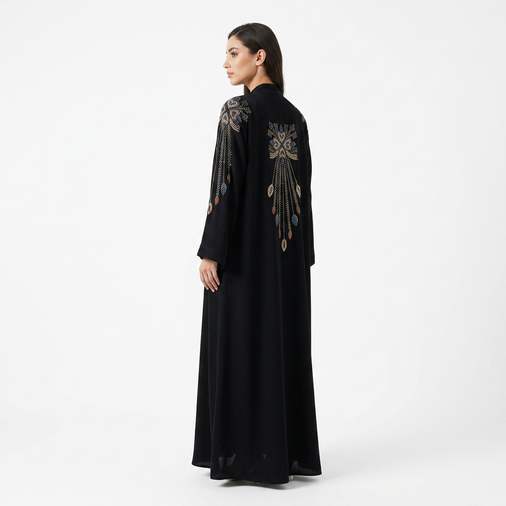 Black Cascade Blue Leaf Beaded Abaya