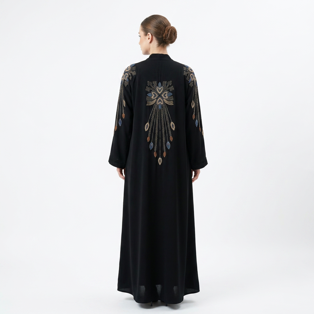 Black Cascade Blue Leaf Beaded Abaya