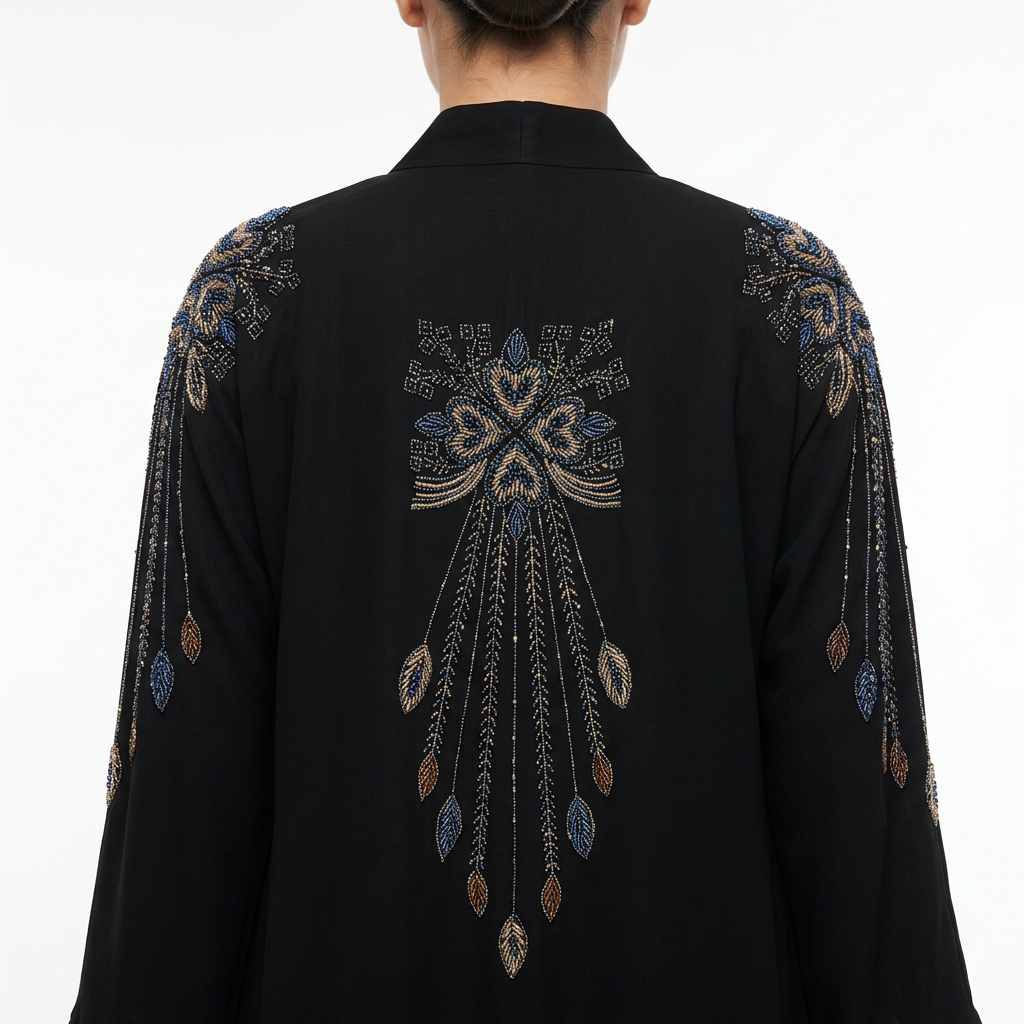 Black Cascade Blue Leaf Beaded Abaya