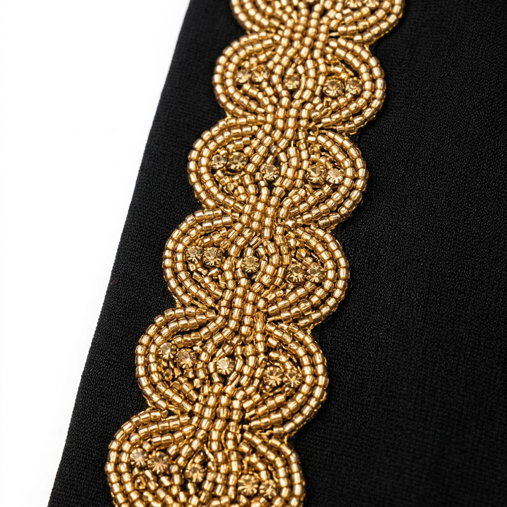 Black Gold Classic Lace Trim Front Abaya
