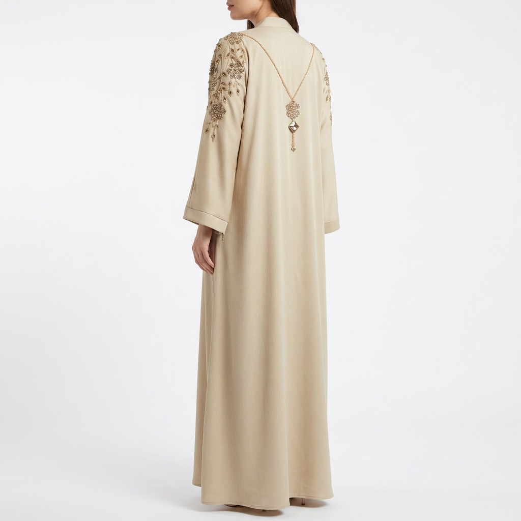 Cream Gold Black Crystal Cascade Shoulder Vine Abaya