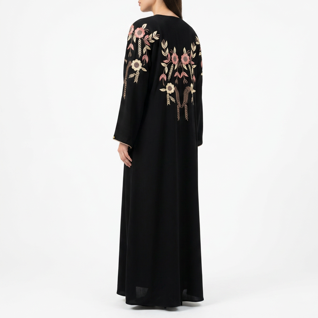 Black Cream Pink Floral Embroidered Back Shoulder Abaya