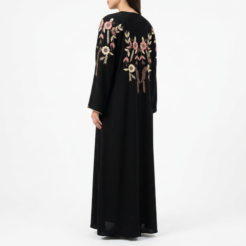 Black Cream Pink Floral Embroidered Back Shoulder Abaya