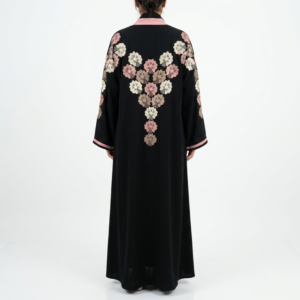 Black Gold Cream Pink Fan Petal Cluster Shoulder Abaya