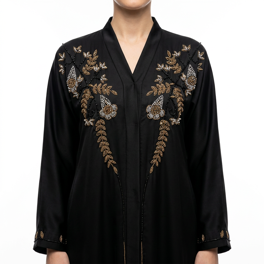 Black Gold Pearl Flower Tassel Abaya