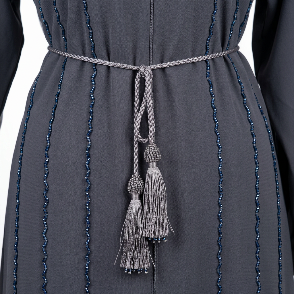 Charcoal Grey Braided Stripe Tassel Detail Open Abaya with Rope Belt