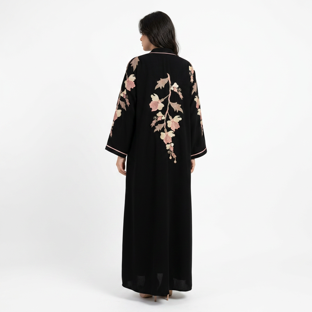 Black Cream Pink Botanical Large Floral Back Cascade Abaya