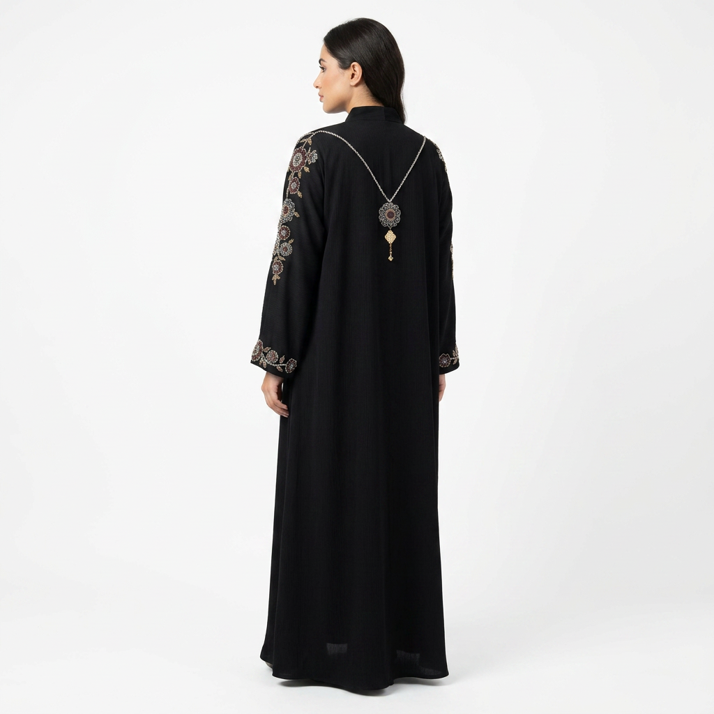 Black Mauve Gold Floral Medallion Sleeve Abaya