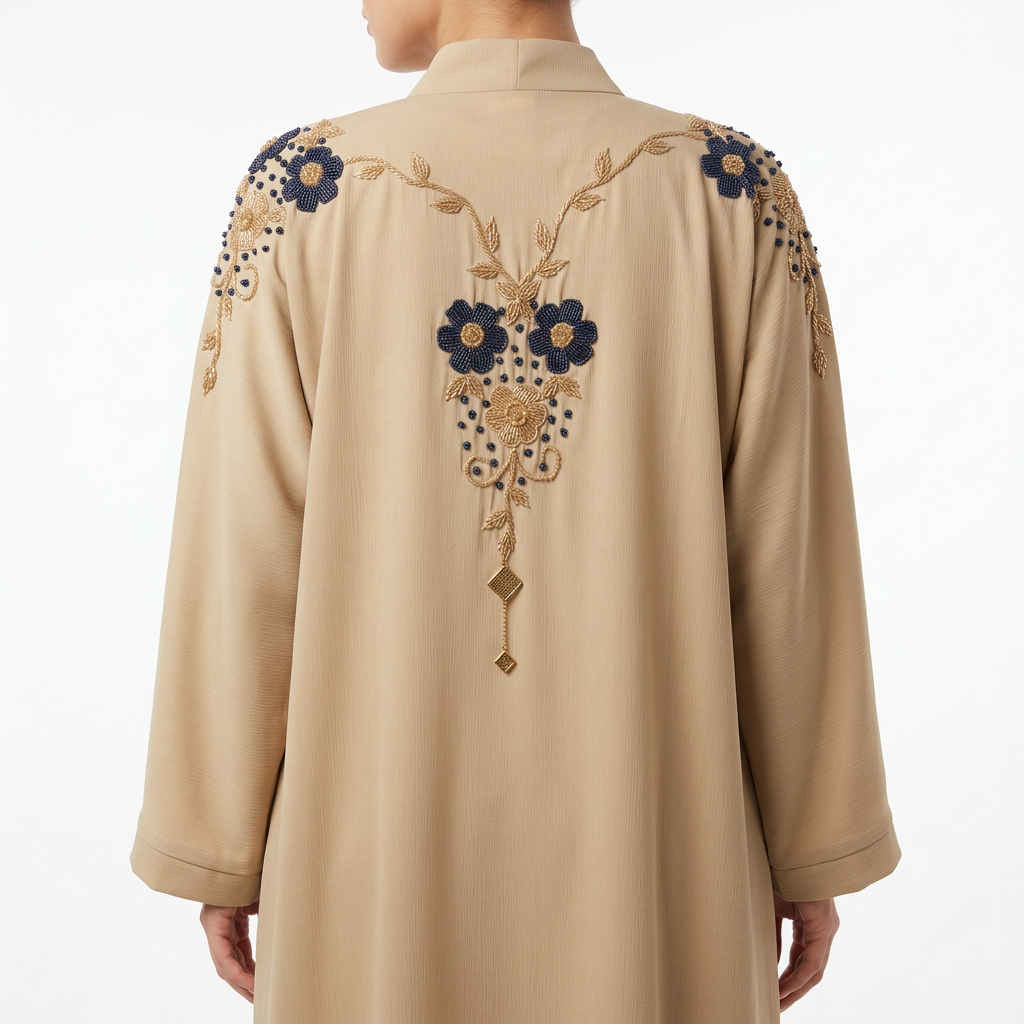 Beige Gold Blue Double Daisy Shoulder Abaya