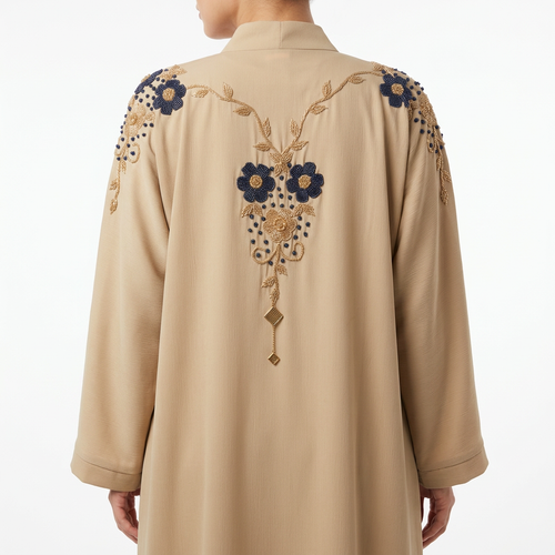Beige Gold Blue Double Daisy Shoulder Abaya