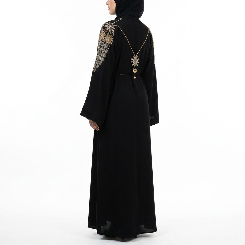 Black Gold Crystal Floral Embroidered Abaya with Back Necklace Detail