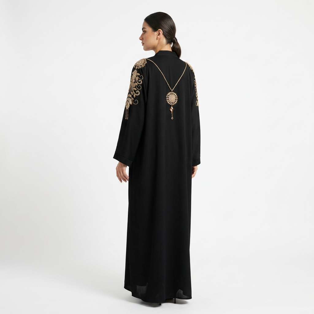 Black Gold Crystal Round Medallion Fringe Shoulder Abaya