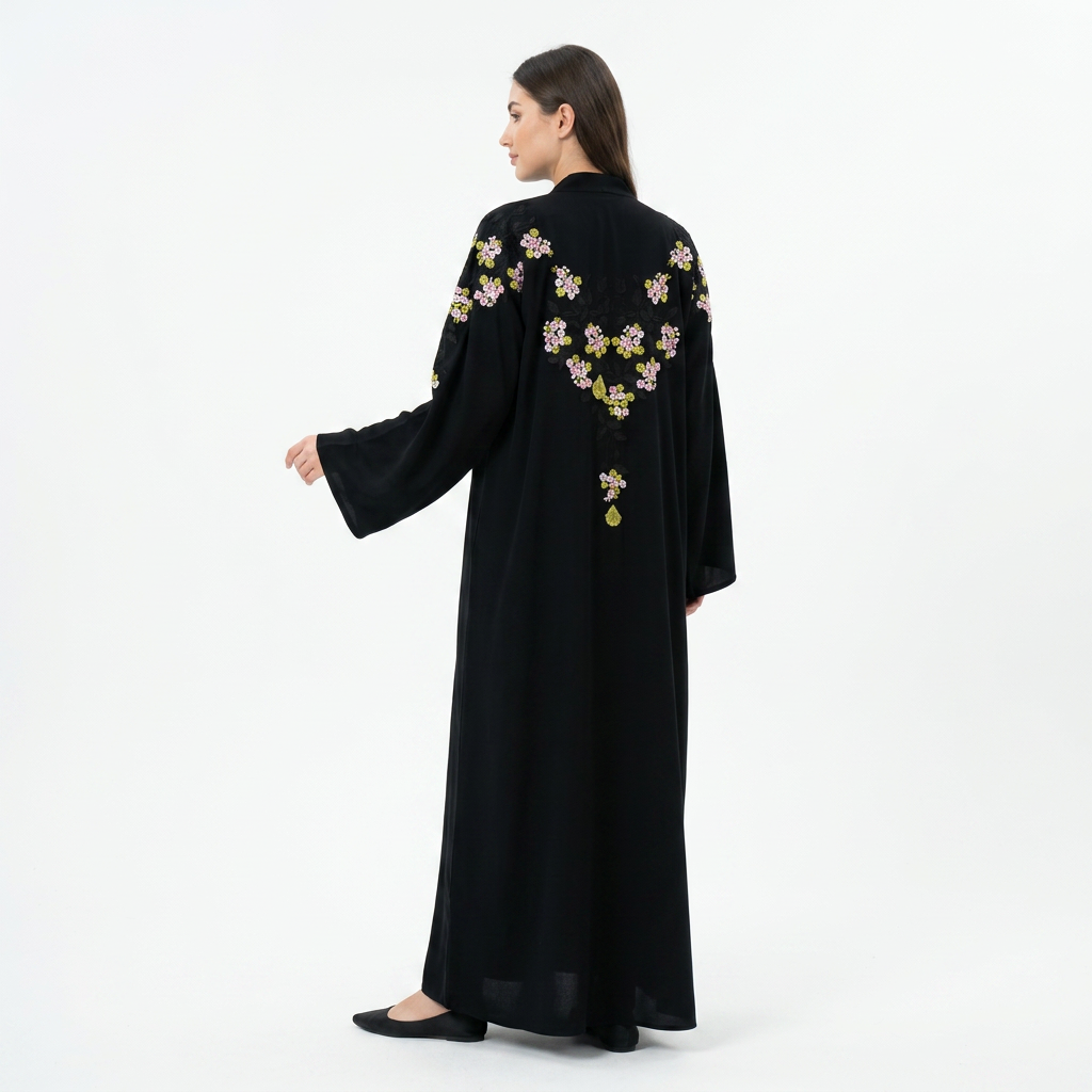 Black Gold Pink Green Cherry Blossom Shoulder Abaya