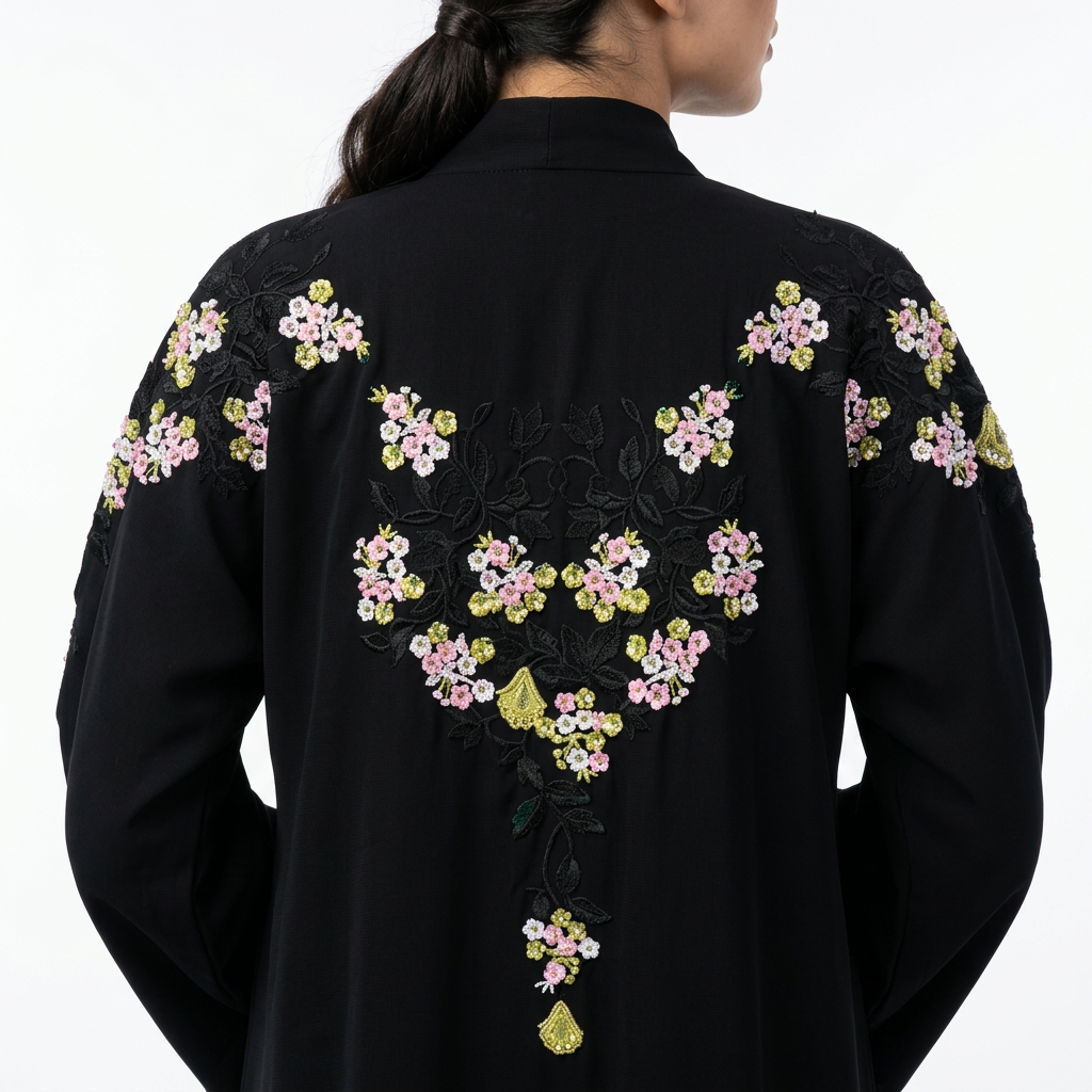 Black Gold Pink Green Cherry Blossom Shoulder Abaya