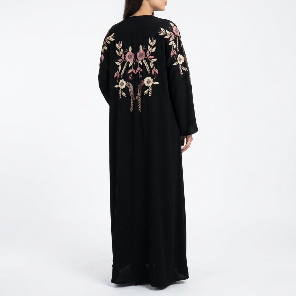 Black Cream Pink Floral Embroidered Back Shoulder Abaya
