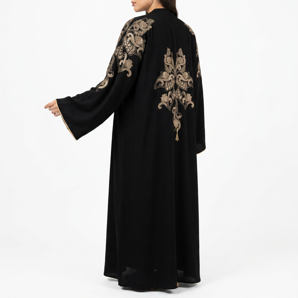 Black Gold Scrollwork Botanical Shoulder Back Abaya