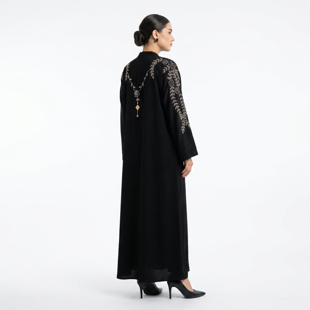 Black Silver Crystal Leaf Shoulder Necklace Abaya