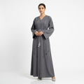Charcoal Grey Braided Stripe Tassel Detail Open Abaya with Rope Belt