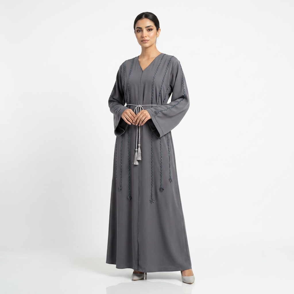 Charcoal Grey Braided Stripe Tassel Detail Open Abaya with Rope Belt
