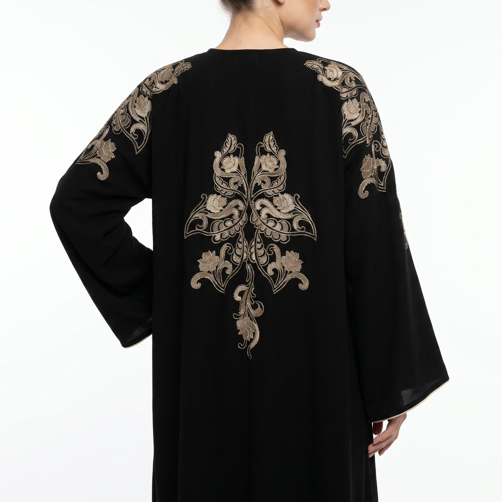 Black Gold Scrollwork Botanical Shoulder Back Abaya