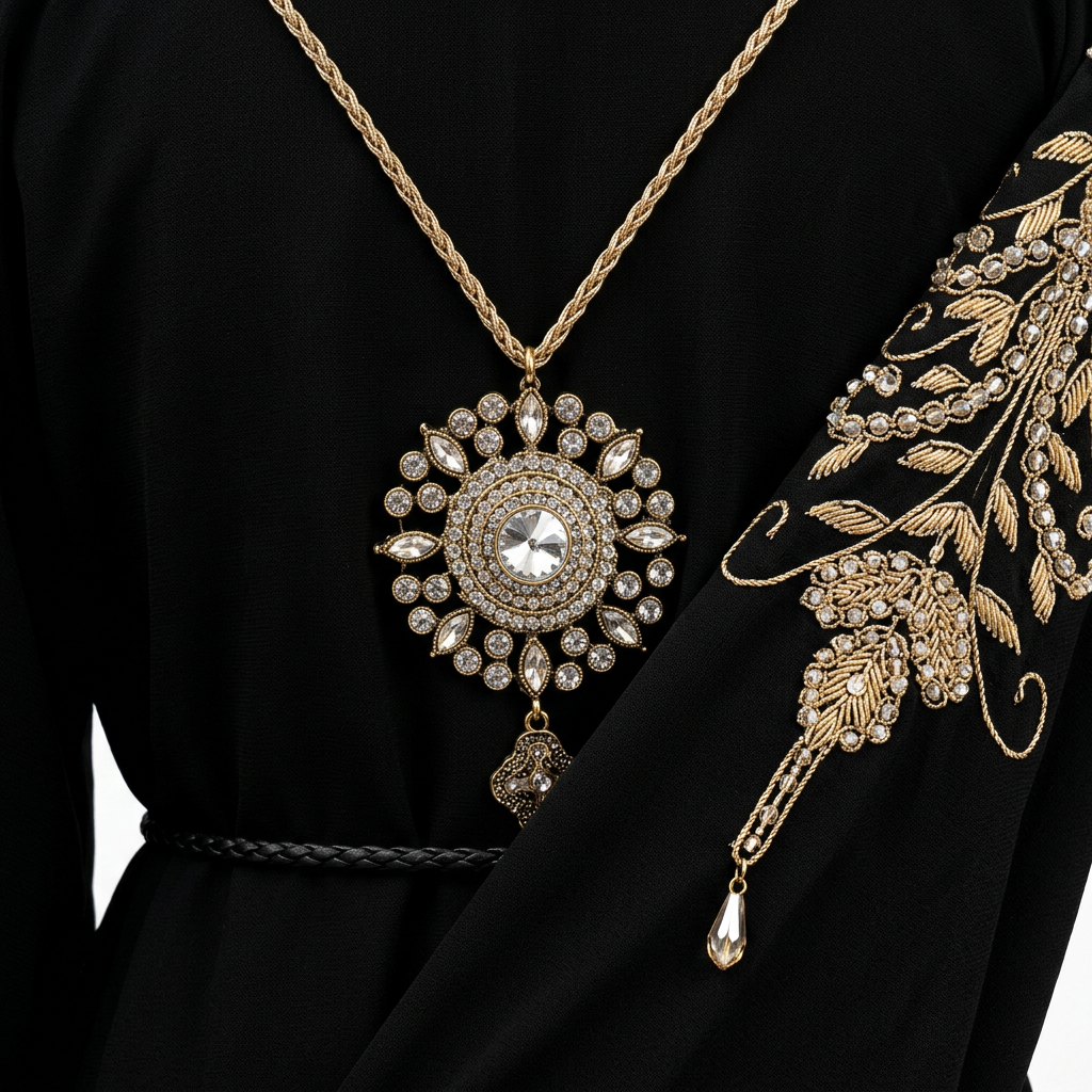 Black Gold Crystal Shoulder Embroidered Abaya with Back Medallion Chain Necklace