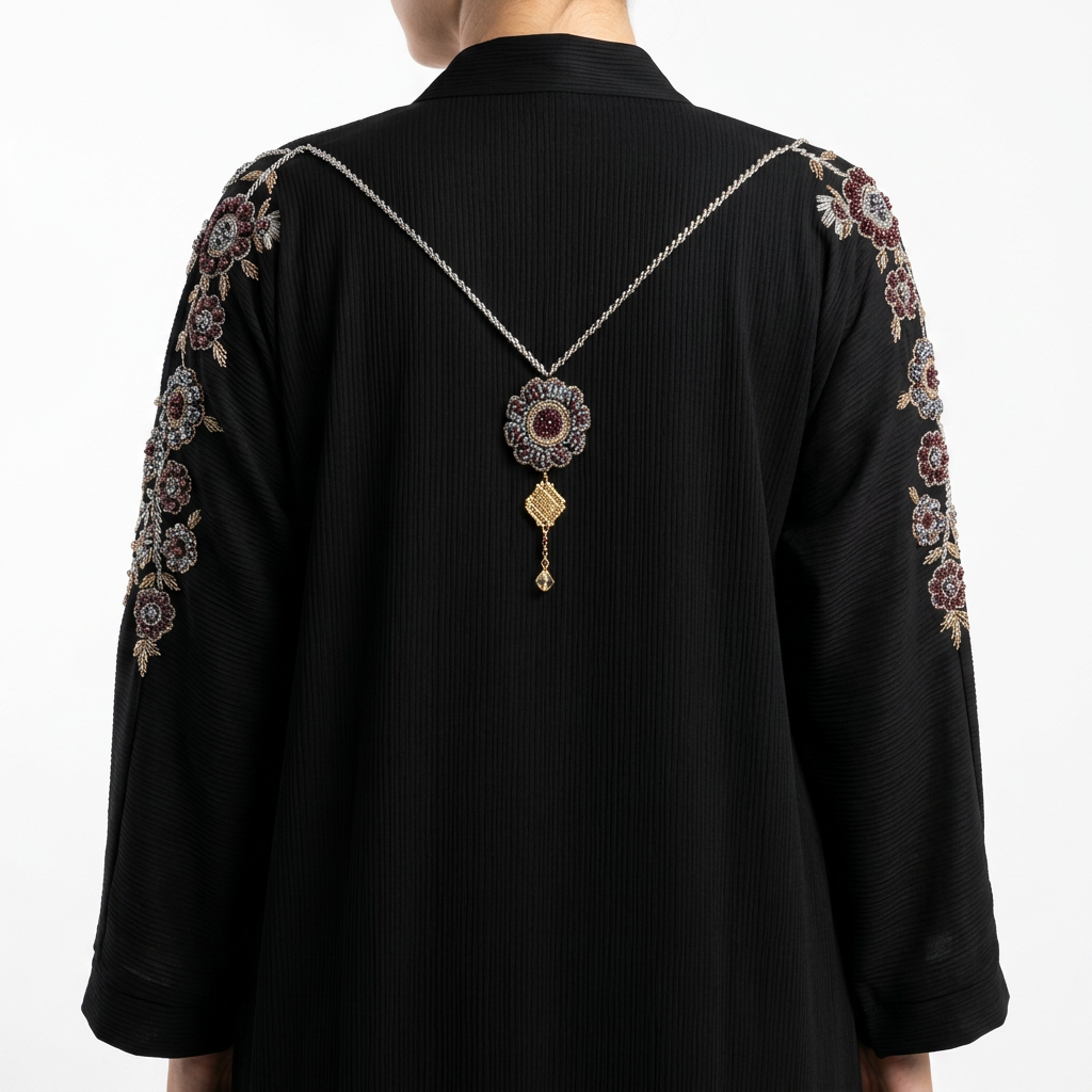 Black Mauve Gold Floral Medallion Sleeve Abaya