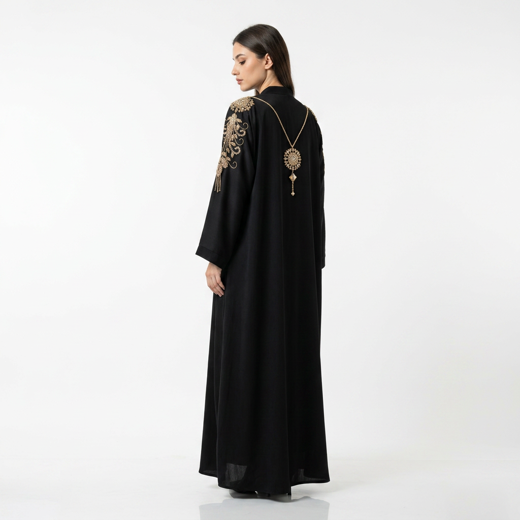 Black Gold Crystal Round Medallion Fringe Shoulder Abaya