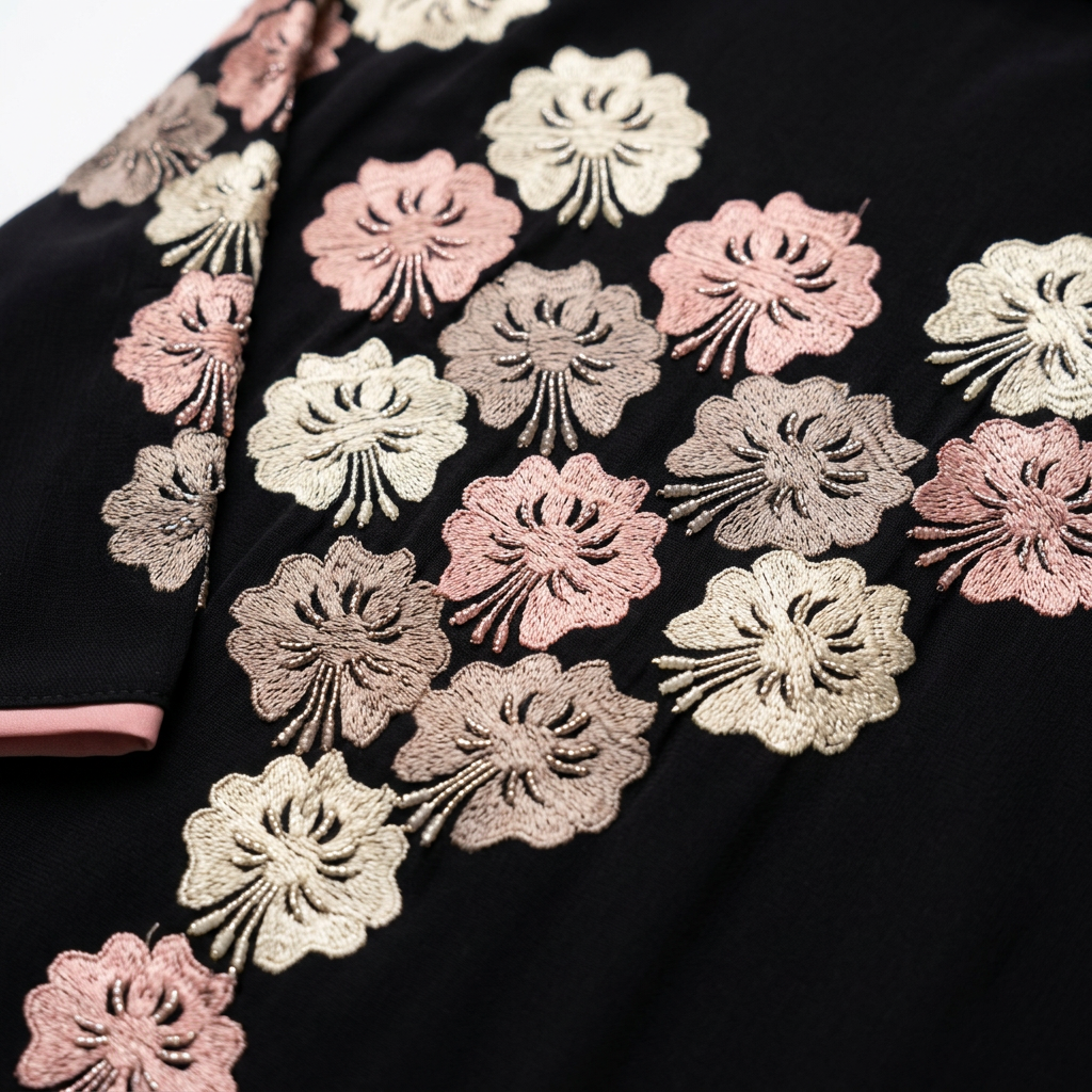 Black Gold Cream Pink Fan Petal Cluster Shoulder Abaya