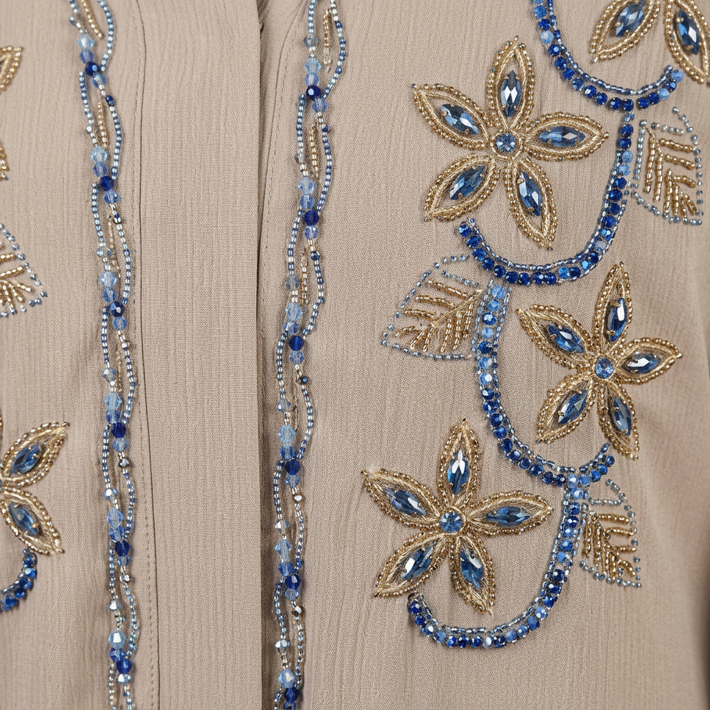 Beige Gold Blue Floral Vine Abaya