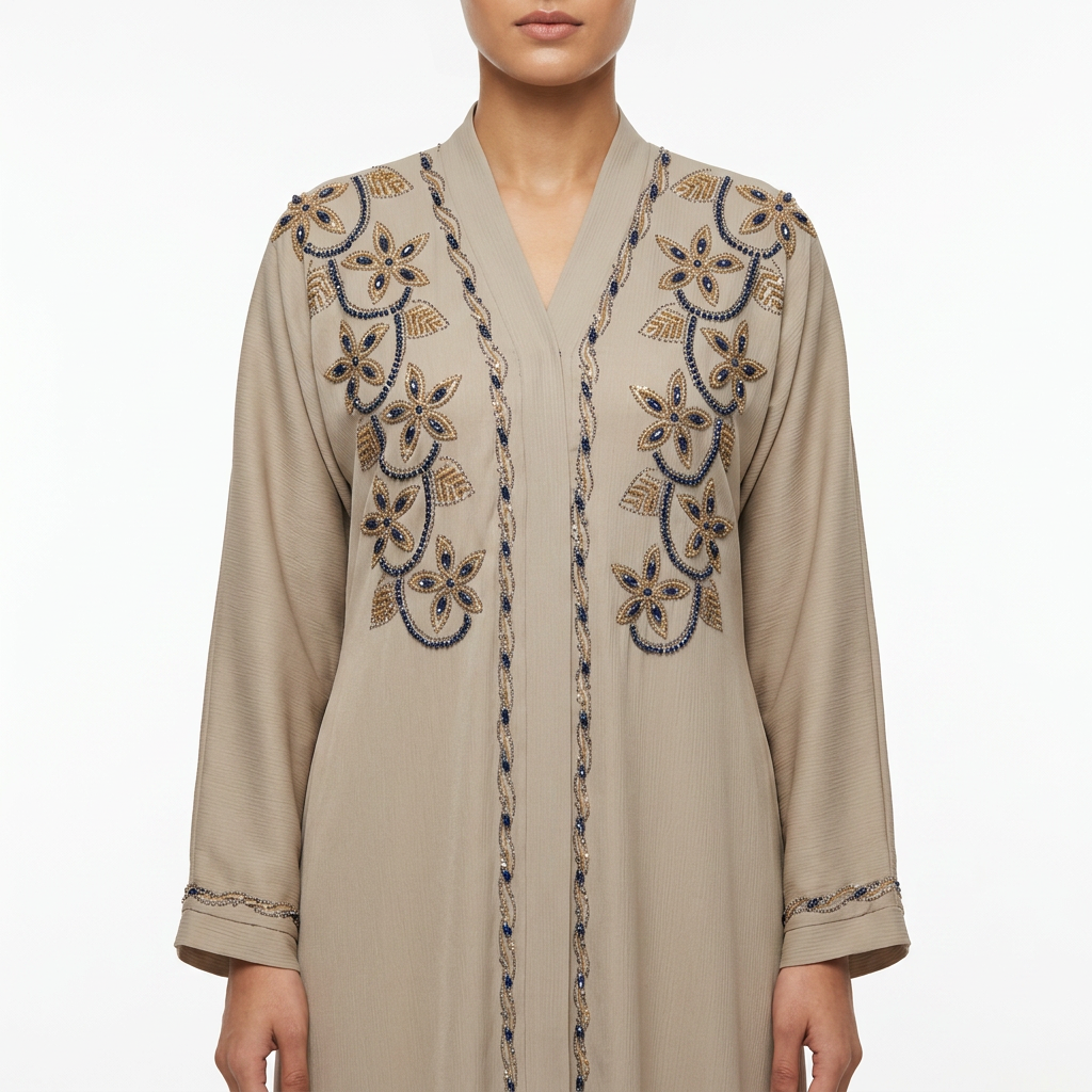 Beige Gold Blue Floral Vine Abaya