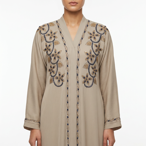 Beige Gold Blue Floral Vine Abaya