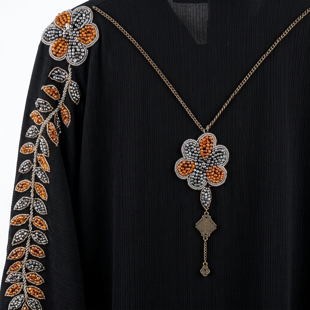 Black Orange Silver Floral Pendant Sleeve Abaya